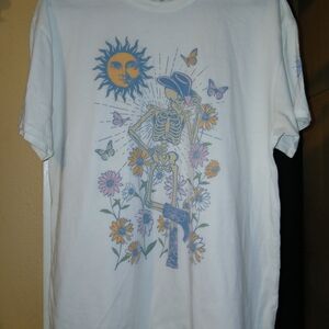 White Graphic T-Shirt with Skeleton and Sun Design